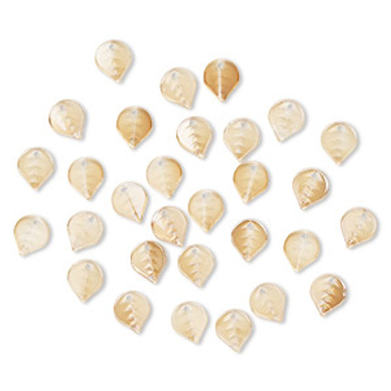 Drop, pressed glass, translucent champagne luster, 12 x 10mm pressed leaf, top-drilled. Sold per pkg of 30.