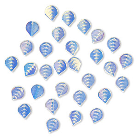 Drop, pressed glass, translucent clear AB, 12 x 10mm pressed leaf, top-drilled. Sold per pkg of 30.