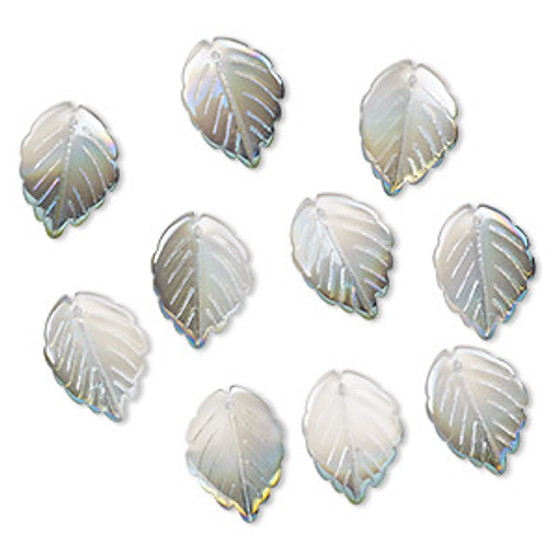 Drop, pressed glass, translucent metallic green rainbow, 24 x 17mm pressed leaf, top-drilled. top-drilled. Sold per pkg of 10.