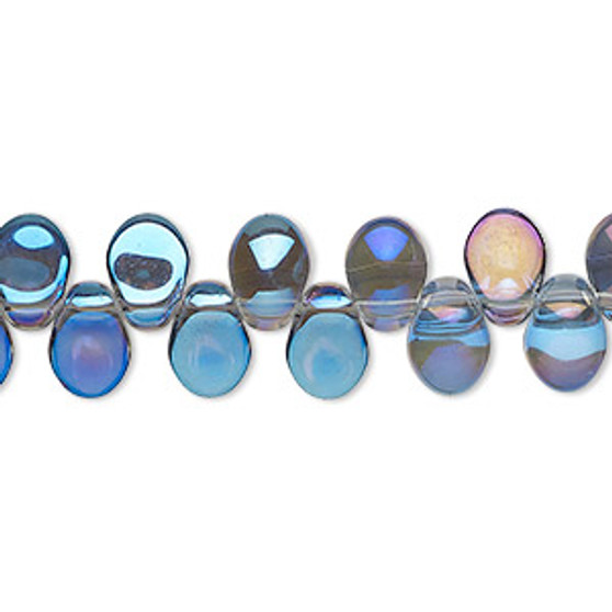 Bead, pressed glass, half-coated metallic blue and vitrail , 8 x 6mm concave-back teardrop, top-drilled. Sold per 8-inch strand, approximately 56 beads.