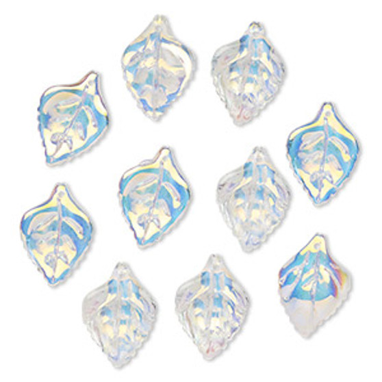 Drop, pressed glass, translucent AB clear, 23 x 16mm pressed leaf, top-drilled. top-drilled. Sold per pkg of 10.