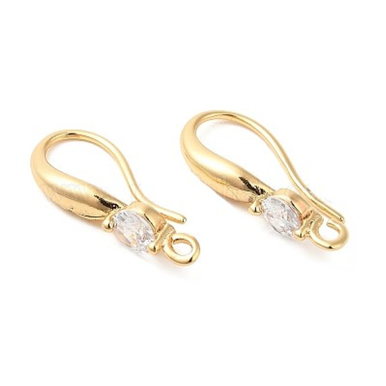 Brass Earring Hooks, Ear Wire, with Glass, 18K Gold Plated, 19x7.5mm, Hole: 1.2mm