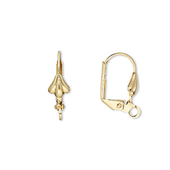 Ear wire, gold-plated brass, 18mm leverback with 8x6mm shell and open loop. Sold per pkg of 10 pairs.