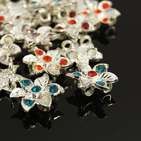 14 pack, Silver plated, Base metal, 2 strand Flower sliders with mixed Crystal. 15mm