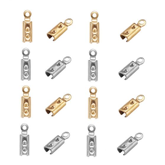 100Pcs 2 Colors 304 Stainless Steel Folding Crimp Ends, Fold Over Crimp Cord Ends, Golden & Stainless Steel Color, 10x3x2.5mm, Hole: 1mm, 50Pcs/Color