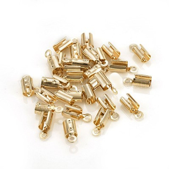 200 pack - Brass Fold Over Cord Ends, Gold, 8x3~3.5mm, Hole: 1mm, Inner Diameter: 3mm