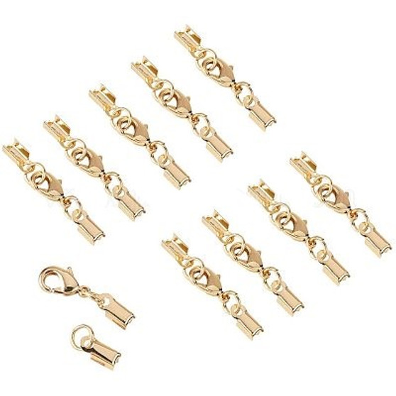 20 Sets Brass Lobster Claw Clasps Fold Over Cord End Caps Terminators, Golden
