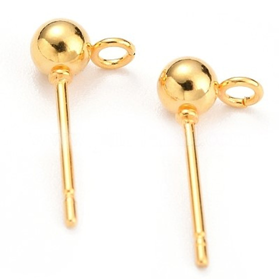 100 pack - 304 Stainless Steel Ball Stud Earring Findings, with Loop, Golden, 15x7x4mm, Hole: 1.7mm, Pin: 0.8mm
