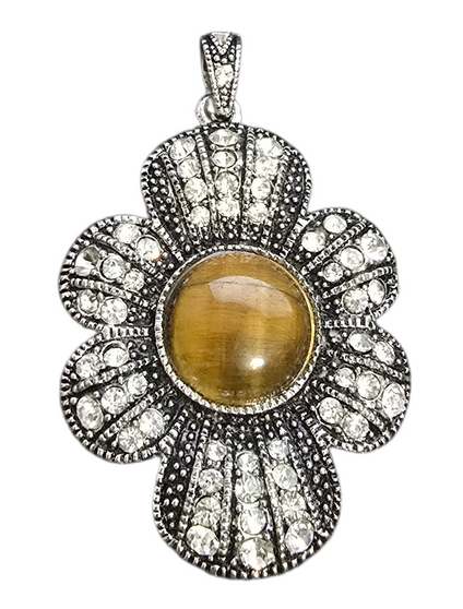 LAST STOCK: 1 x Large Pendant with Gemstone and Crystals, Tiger Eye, approx 60mm x 40mm