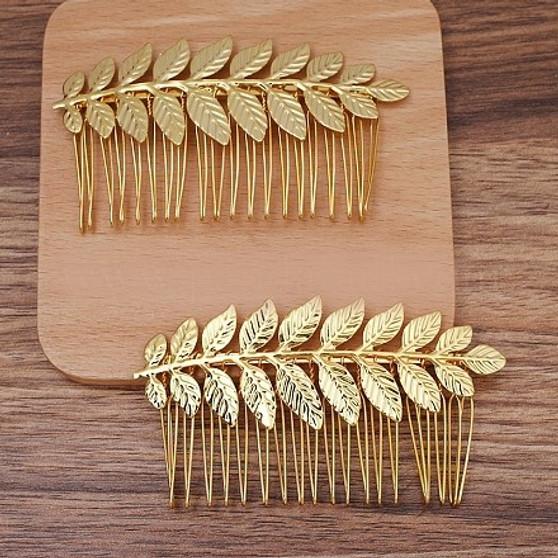 4 pack - Iron Hair Comb Findings, Leaf, Gold, 32x89mm