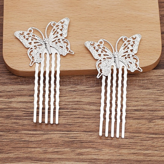 20 pack - Brass Hair Comb Findings, Filigree Butterfly, Silver, 35x25mm