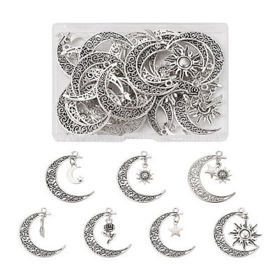 28Pcs 7 Style Tibetan Style Zinc Alloy Pendants, Moon with Feather & Sun & Star & Rose , Antique Silver, 40~41x30~35.5x1.3~2.5mm, Hole: 2.2~2.5mm, 4pcs/style