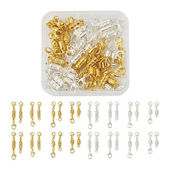 32 Sets 16 Styles Brass Magnetic Clasps, with Lobster Claw Clasps, Column, Golden & Silver, 25~42x5.5~6mm, 2 sets/style