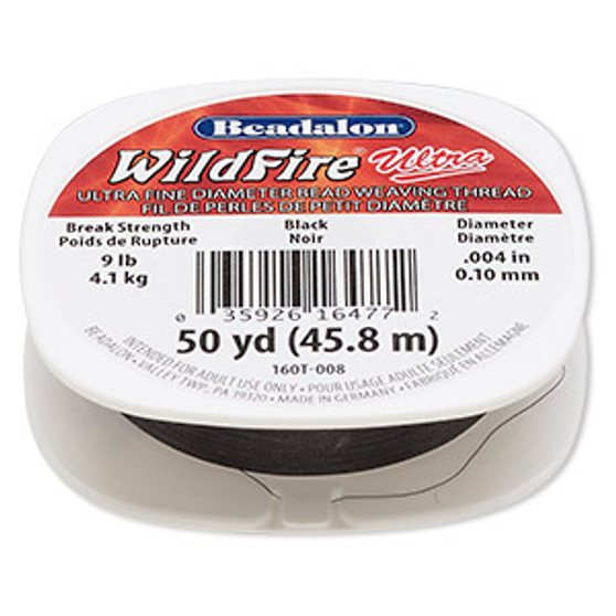 Thread, WildFire™ Ultra, polyester, black, size 0.1 weaving thickness. Sold per 50 yard spool.