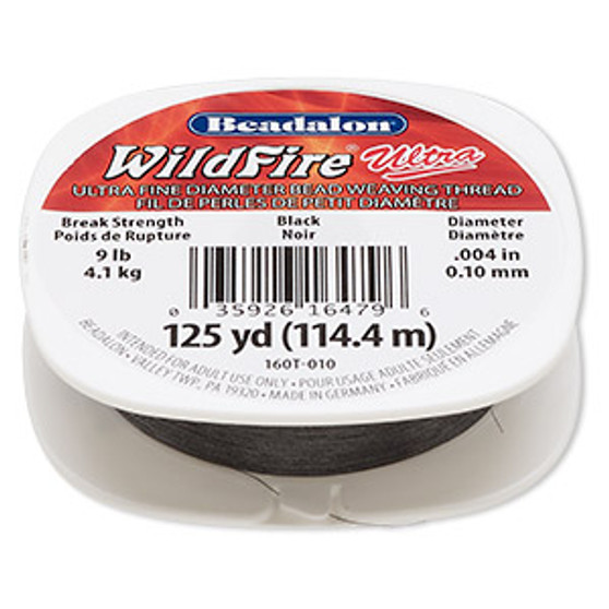 Thread, WildFire™ Ultra, polyester, black, size 0.1 weaving thickness. Sold per 125 yard spool.