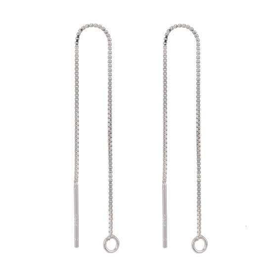 925 Sterling Silver Ear Stud Findings, with 925 Stamp, Ear Thread, with Box Chain, Silver, 80x1mm, Hole: 1mm, Pin: 0.8mm - 1 pair