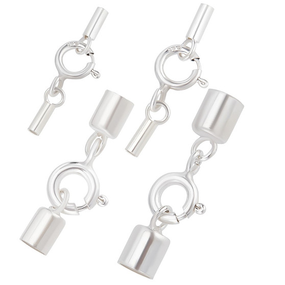 4 Sets, 4 Sizes, 925 Sterling Silver Cord End Caps Glue-in Crimp End Cap with Spring Lobster Clasp