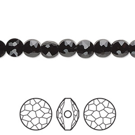 Bead, Crystal Passions®, jet, 6mm faceted puffed round bead (5034). Sold per pkg of 4.