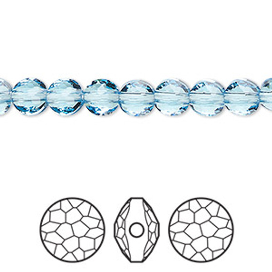 Bead, Crystal Passions®, aquamarine, 6mm faceted puffed round bead (5034). Sold per pkg of 4.