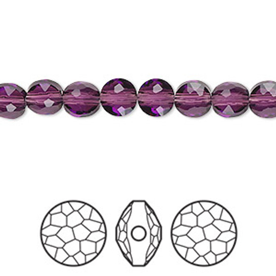 Bead, Crystal Passions®, amethyst, 6mm faceted puffed round bead (5034). Sold per pkg of 4.