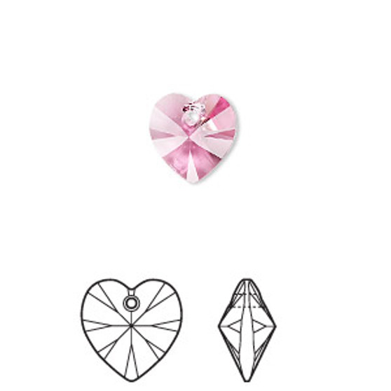Drop, Crystal Passions®, rose, 10mm heart pendant (6228). Sold per pkg of 24.