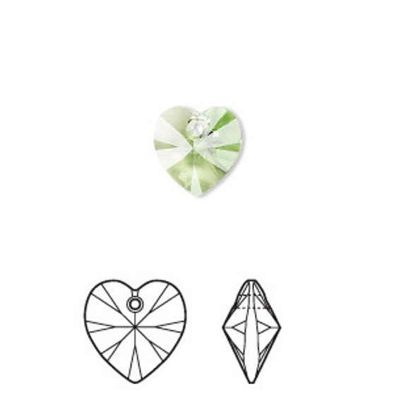 Drop, Crystal Passions®, peridot, 10mm heart pendant (6228). Sold per pkg of 24.