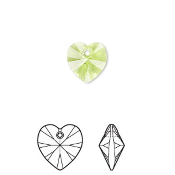 Drop, Crystal Passions®, citrus green, 10mm heart pendant (6228). Sold per pkg of 24.