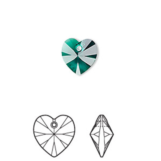 Drop, Crystal Passions®, emerald, 10mm heart pendant (6228). Sold per pkg of 24.