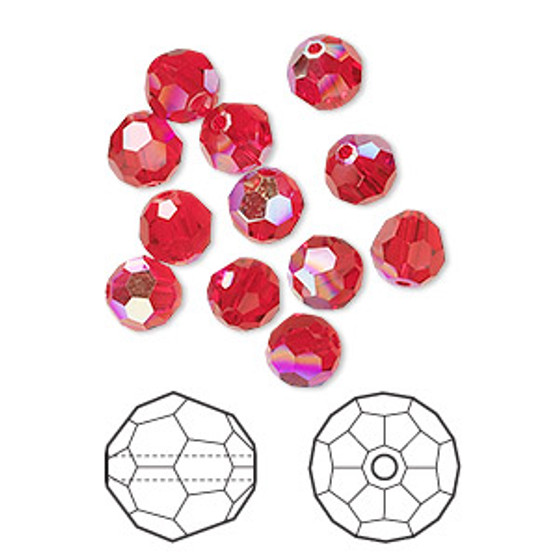 Bead, Crystal Passions®, light Siam AB, 6mm faceted round (5000). Sold per pkg of 12.
