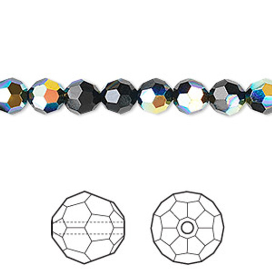Bead, Crystal Passions®, jet AB, 6mm faceted round (5000). Sold per pkg of 12.