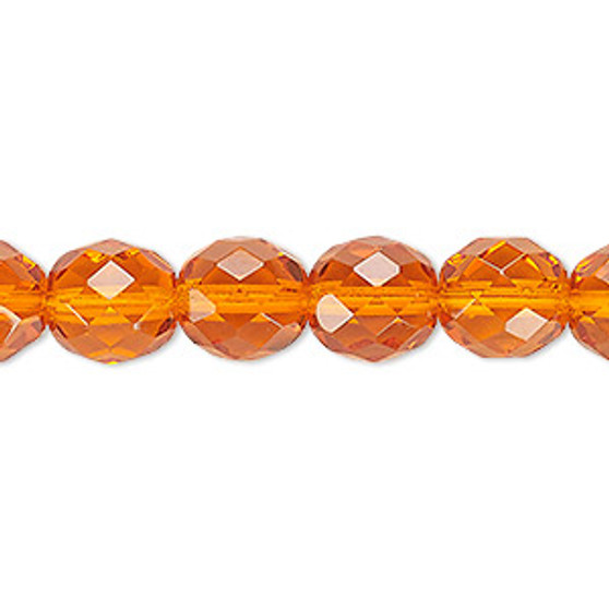 Bead, Czech fire-polished glass, transparent orange, 10mm faceted round. Sold per 15-1/2" to 16" strand, approximately 40 beads.