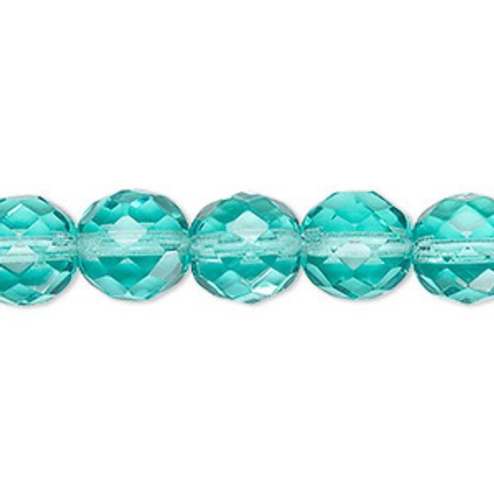 Bead, Czech fire-polished glass, transparent light aqua, 10mm faceted round. Sold per 15-1/2" to 16" strand, approximately 40 beads.