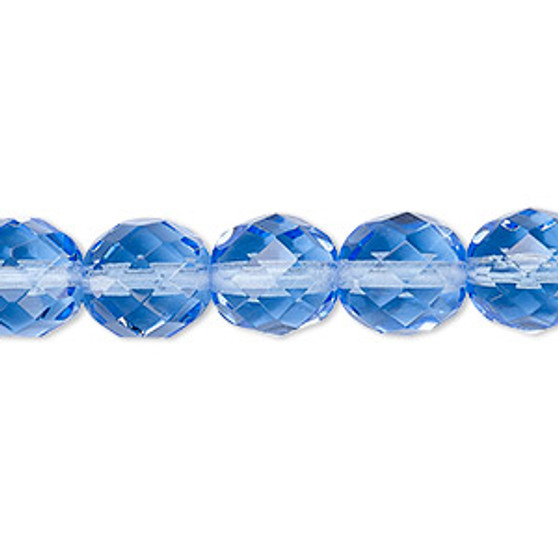 Bead, Czech fire-polished glass, transparent sapphire blue, 10mm faceted round. Sold per 15-1/2" to 16" strand, approximately 40 beads.