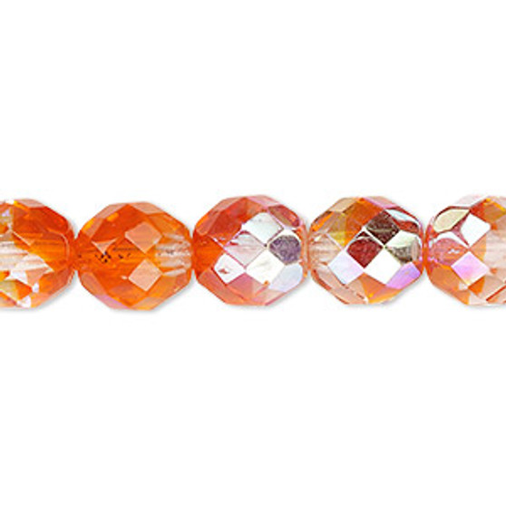 Bead, Czech fire-polished glass, two-tone, crystal/orange AB, 10mm faceted round. Sold per 15-1/2" to 16" strand.