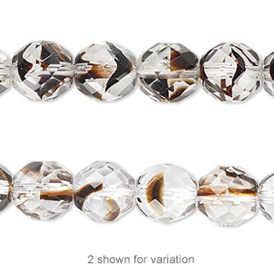Bead, Czech fire-polished glass, clear / black / brown, 10mm faceted round. Sold per 15-1/2" to 16" strand.