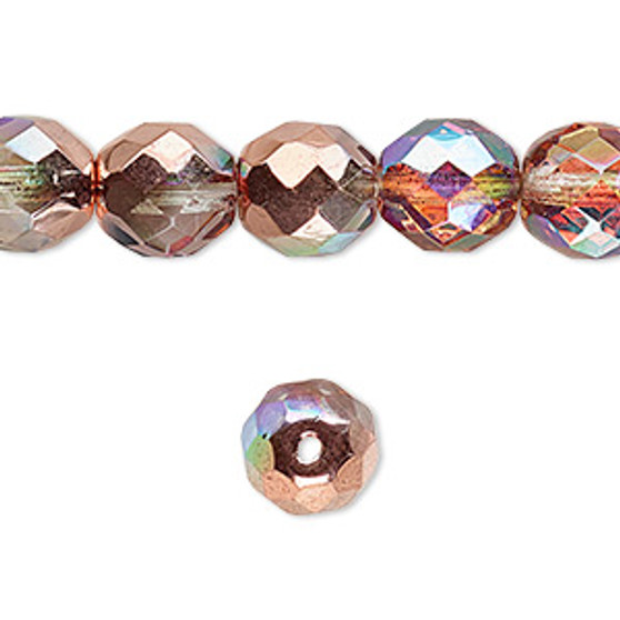 Bead, Czech fire-polished glass, two-tone clear AB and metallic Capri gold, 10mm faceted round. Sold per 15-1/2" to 16" strand.