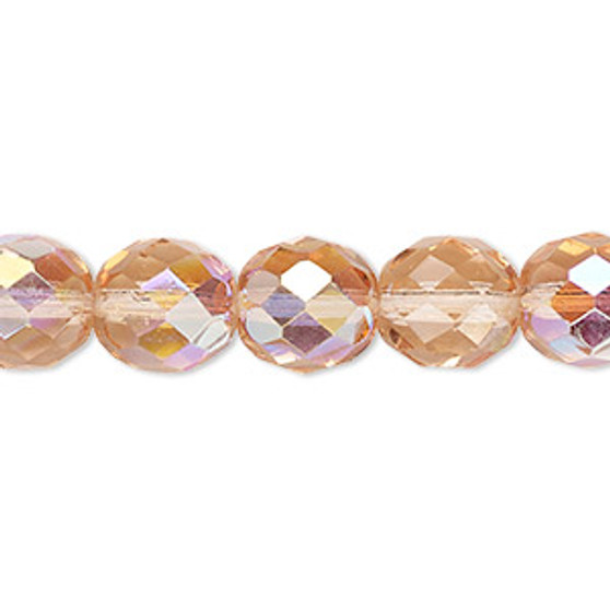 Bead, Czech fire-polished glass, light rose AB, 10mm faceted round. Sold per 15-1/2" to 16" strand.