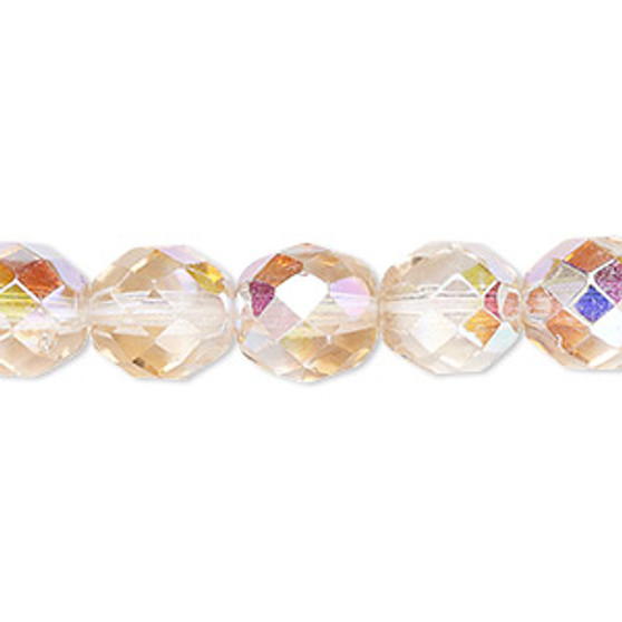 Bead, Czech fire-polished glass, two-tone, crystal/rose AB, 10mm faceted round. Sold per 15-1/2" to 16" strand.