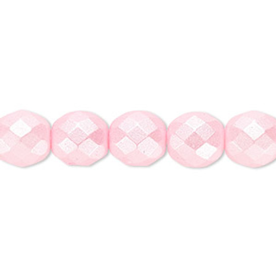 Bead, Czech fire-polished dipped décor glass, pearlescent light pink, 10mm faceted round. Sold per 15-1/2" to 16" strand.