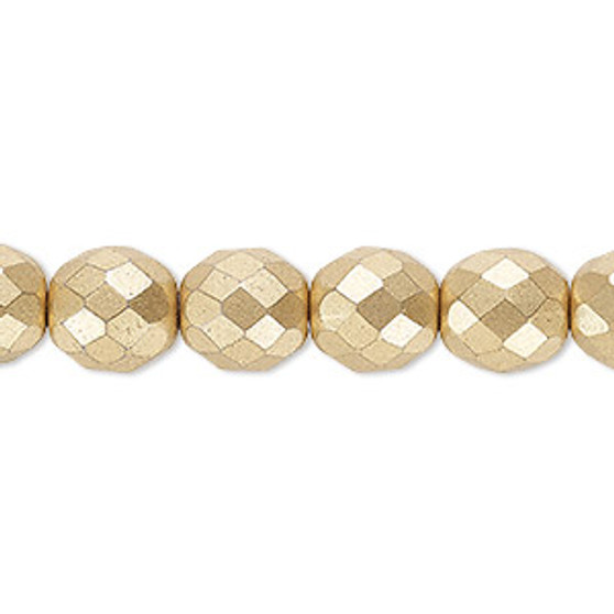 Bead, Czech fire-polished glass, opaque satin gold, 10mm faceted round. Sold per 15-1/2" to 16" strand, approximately 40 beads.