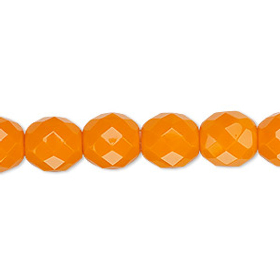 Bead, Czech fire-polished glass, opaque orange, 10mm faceted round. Sold per 15-1/2" to 16" strand, approximately 40 beads.