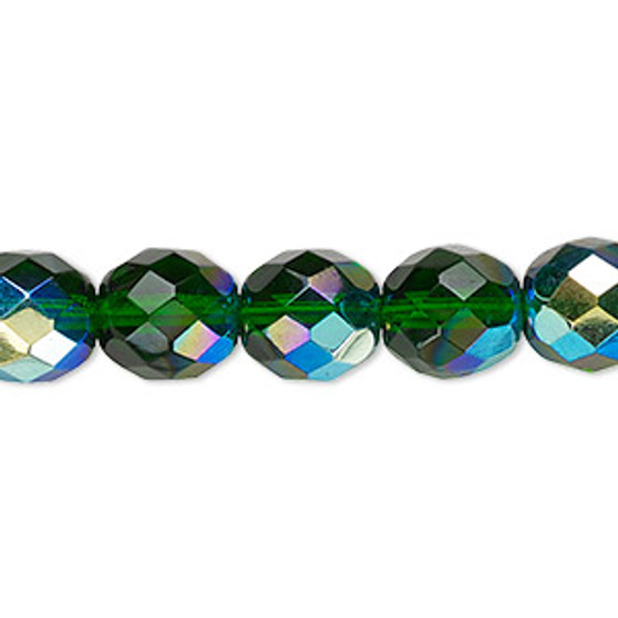 Bead, Czech fire-polished glass, emerald green AB, 10mm faceted round. Sold per 15-1/2" to 16" strand.