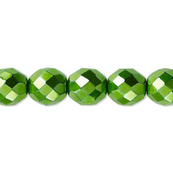 Bead, Czech fire-polished glass, opaque emerald green carmen, 10mm faceted round. Sold per 15-1/2" to 16" strand.