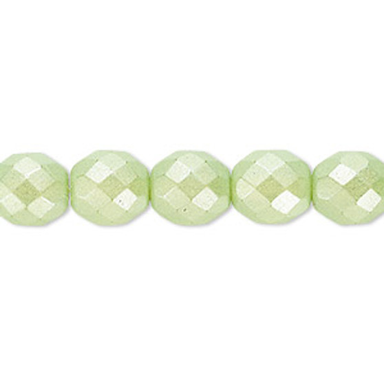 Bead, Czech fire-polished dipped décor glass, pearlescent lime green, 10mm faceted round. Sold per 15-1/2" to 16" strand.