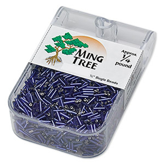 Bugle bead, Ming Tree™, glass, silver-lined translucent navy blue, 1/4 inch. Sold per 1/4 pound pkg.