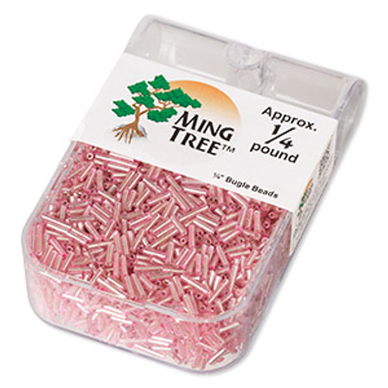 Bugle bead, Ming Tree™, glass, silver-lined translucent pink, 1/4 inch. Sold per 1/4 pound pkg.