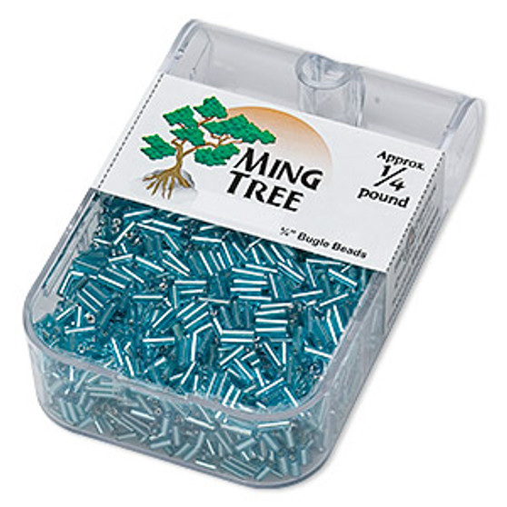 Bugle bead, Ming Tree™, glass, silver-lined translucent turquoise blue, 1/4 inch. Sold per 1/4 pound pkg.
