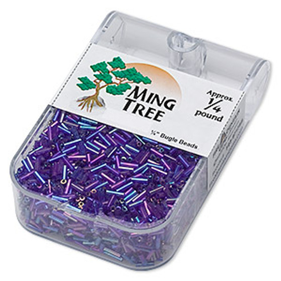 Bugle bead, Ming Tree™, glass, translucent rainbow cobalt, 1/4 inch. Sold per 1/4 pound pkg.