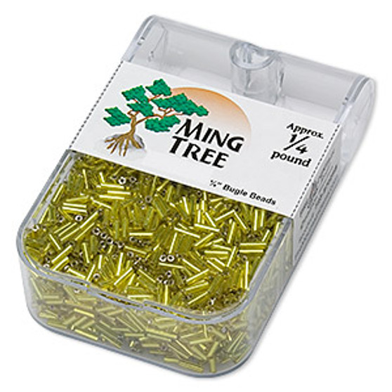 Bugle bead, Ming Tree™, glass, silver-lined translucent light amber yellow, 1/4 inch. Sold per 1/4 pound pkg.