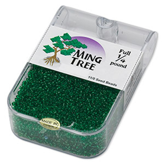Seed bead, Ming Tree™, glass, transparent emerald green, #11 round. Sold per 1/4 pound pkg.